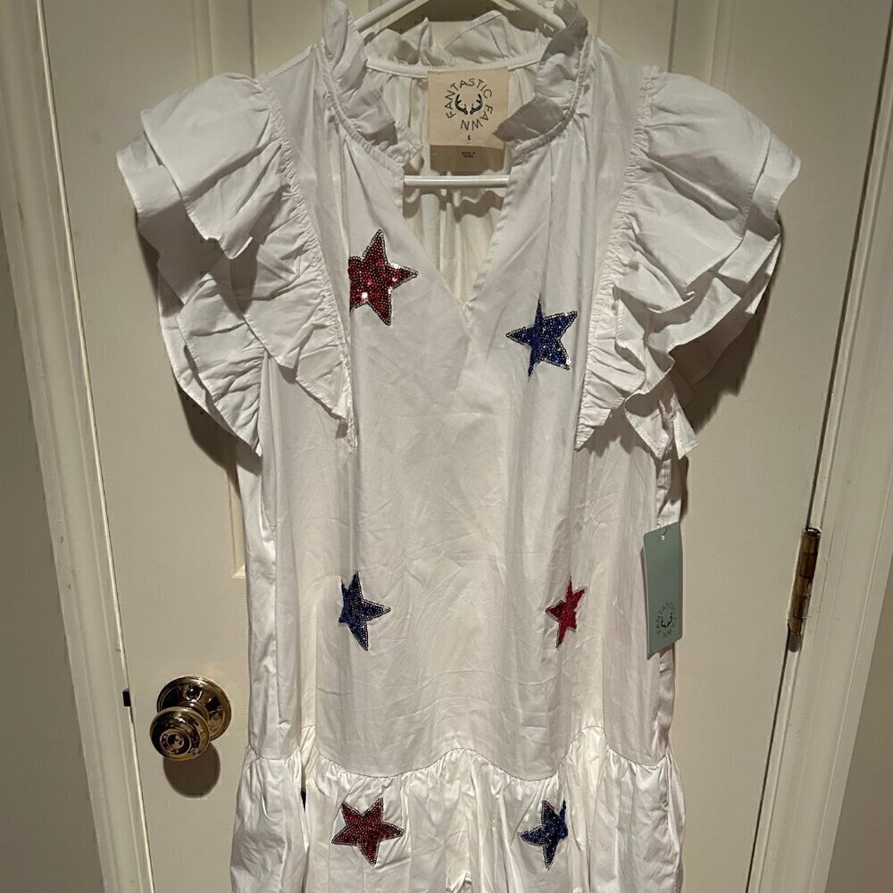 Fantastic Fawn White Ruffle Dress with Red & Blue Star Appliqués